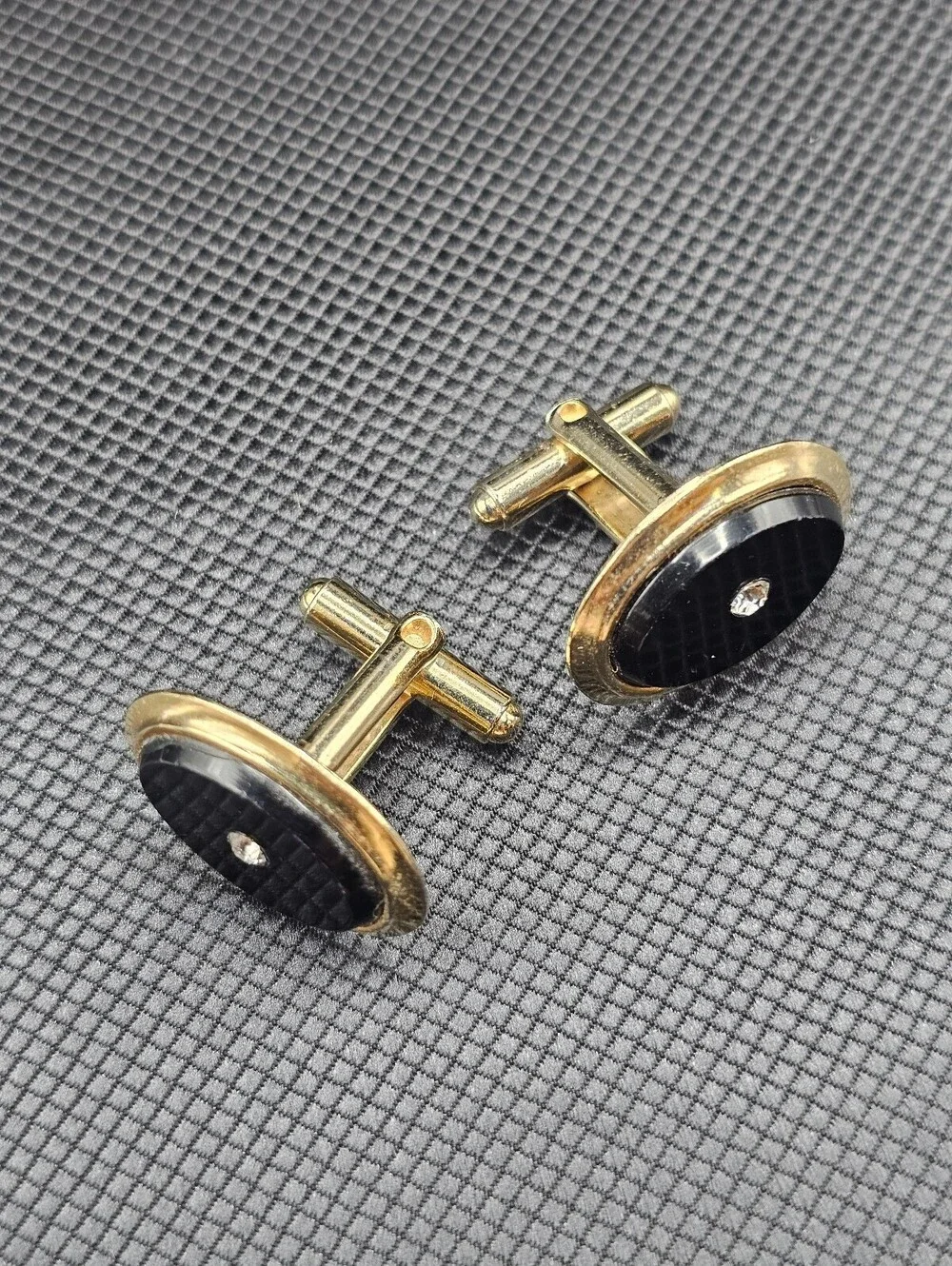 Vintage Gold Tone Black Oval Cufflinks with Clear Stone Accent